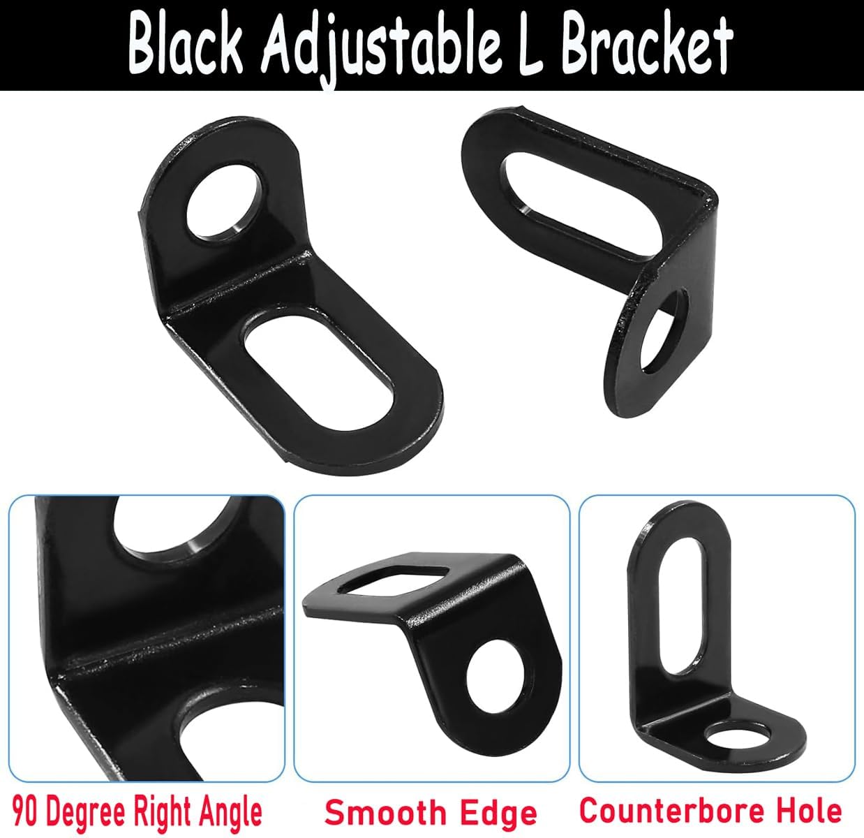 20PCS Black Metal Adjustable Right Angle L Brackets 90 Degree Corner Fastener Heavy Duty Brace Support for Wood Furniture Shelf Cabinet Desk Chair