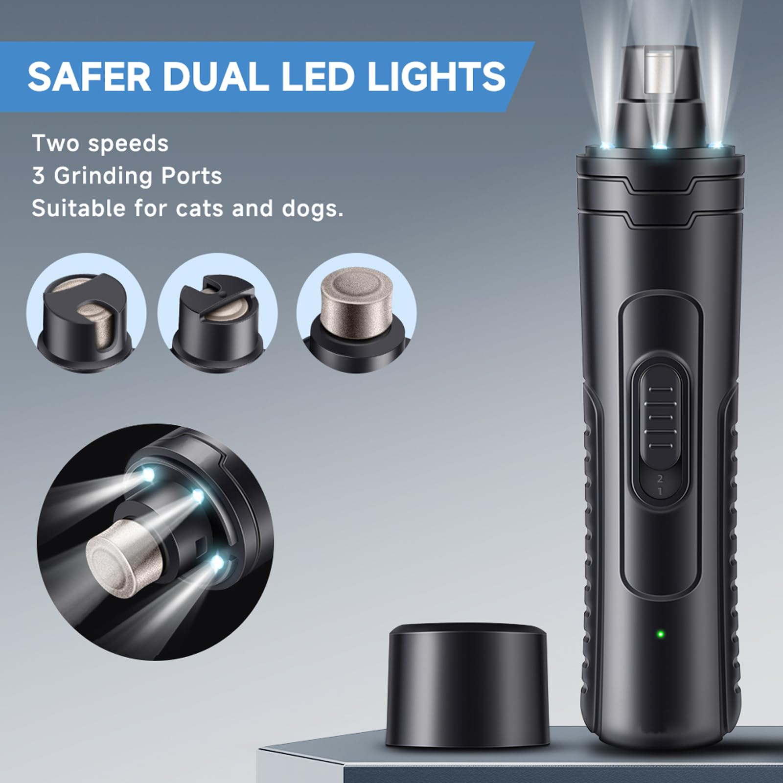 Dog Nail Grinder Quiet 2-Speed Pet Nail Grinder with 3 Led Lights and 3 Ports Rechargeable Electric Dog Nail Trimmer for Large and Small Dogs/Cats and Small Animals Safe (Black) - image 2
