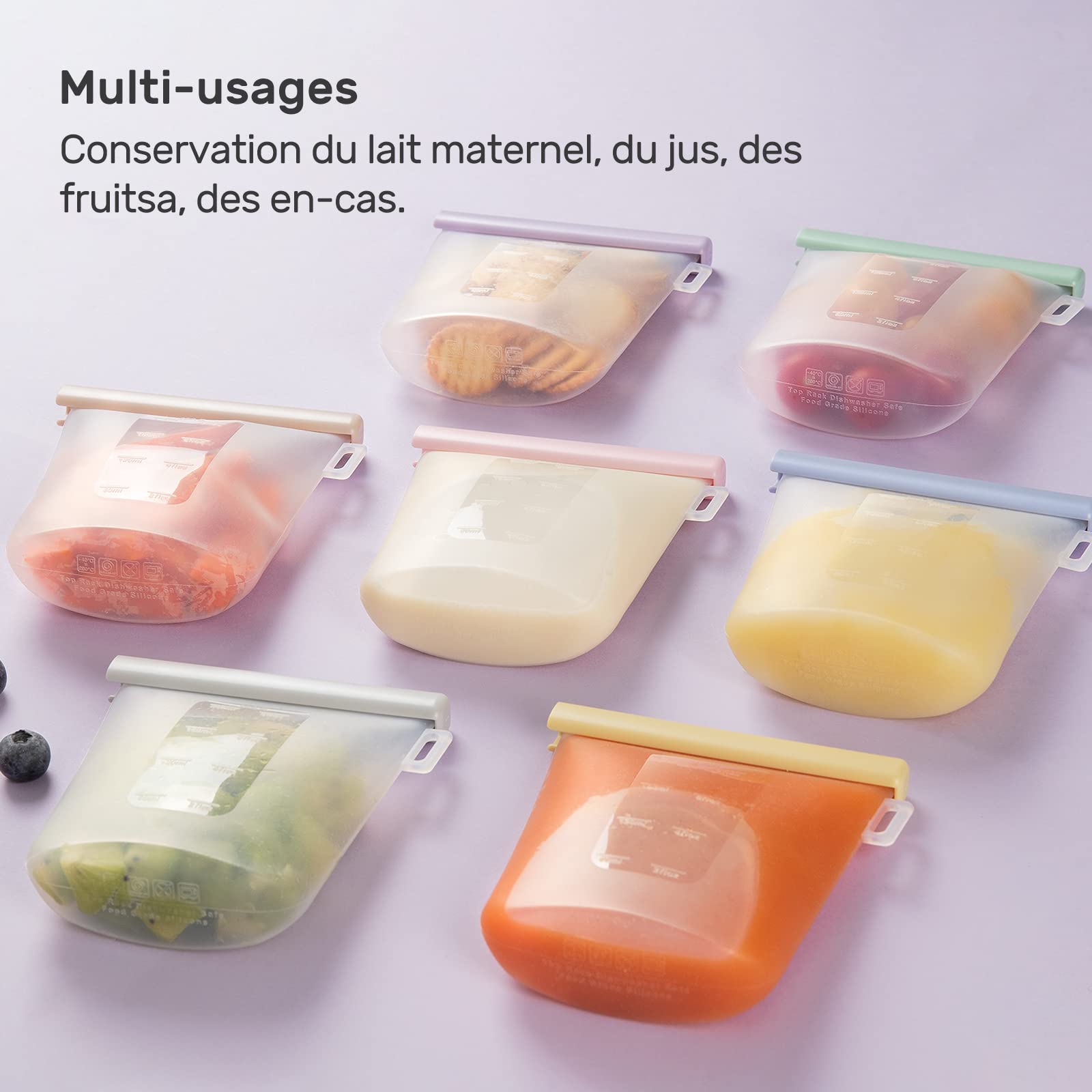 Nuliie Silicone Sachet Conservation Lait Maternelle Lot de 7, Doublement Étanches Sac Congelation Lait Maternel, Sans BPA Sacs à Lait Autoportants de 8oz/240ml pour L'allaitement