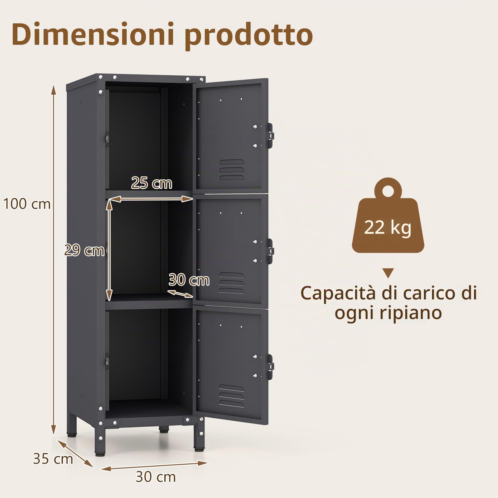 RELAX4LIFE Armadio in Metallo Modulare e Impilabile con 3 Ante Bloccabili, 2 Ripiani Regolabili, Dispositivi Antiribaltamento, per Ufficio, Garage e Ripostiglio,30x35x100 cm