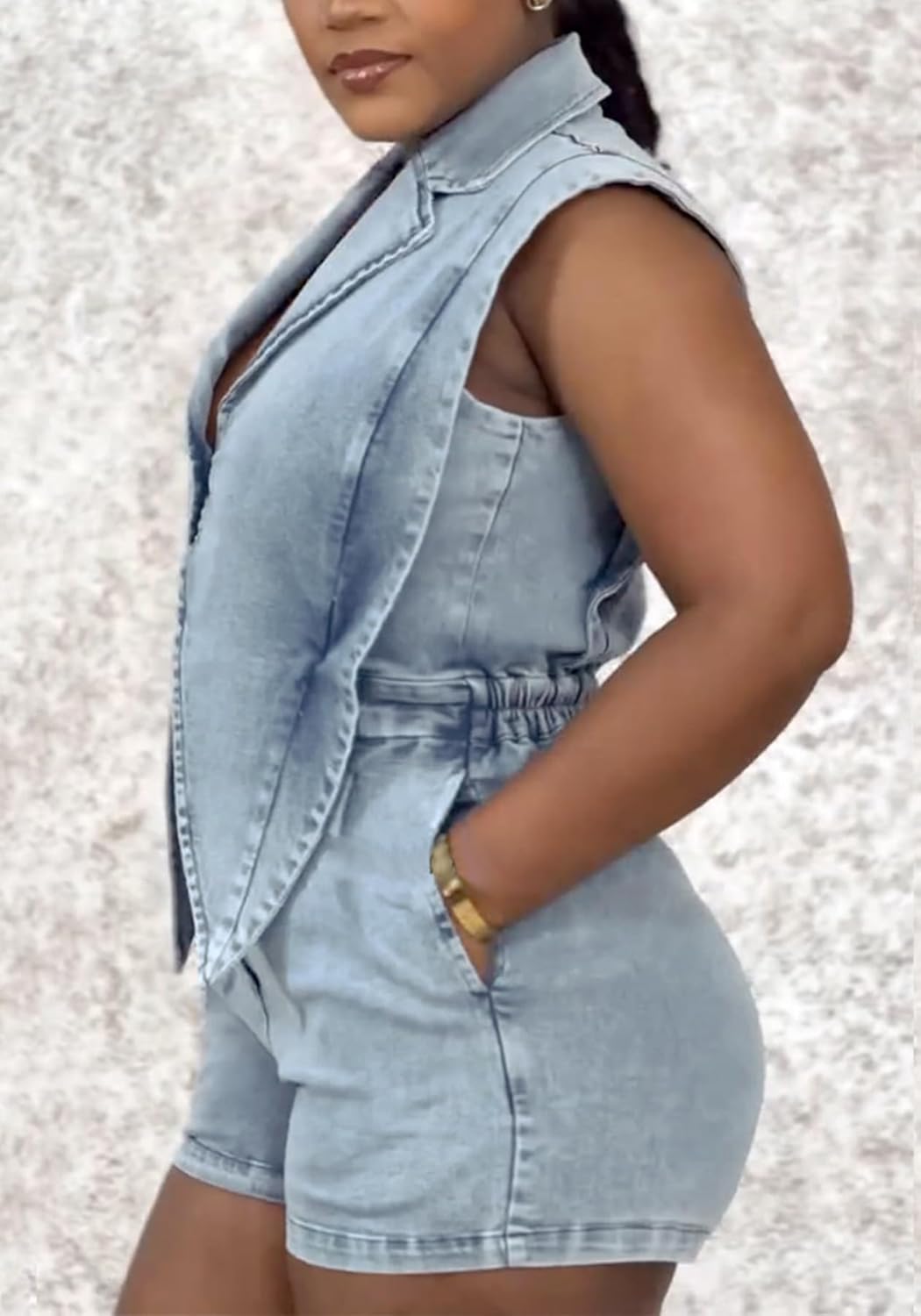 Ecirod Women's Denim Jumpsuit Romper Sexy V Neck Button Link Hollowed Sleeveless Jean Shorts - Image 3