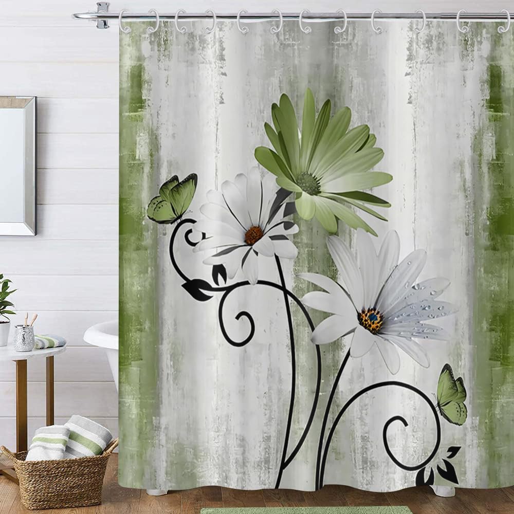Hnmdmyi Farmhouse Floral Shower Curtain 150x180, Rustic Sage Green Daisy Flowers and Butterfly on Country Wooden Board Bathroom Curtains Waterproof Polyester Fabric Washable Bath Curtains with Hooks