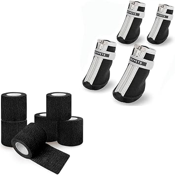QUMY Black Small Dog Shoes in Size 2 and Black Vet wrap self Adhesive Bandage