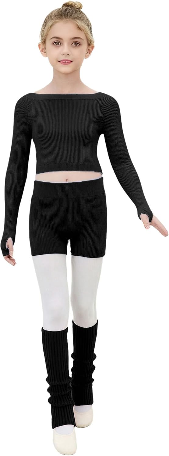 Jhaoyu Kids Girls Ballet Dance Outfits Long Sleeve Knitted Sweater with Shorts and Leg Warmers Set for Dance Training