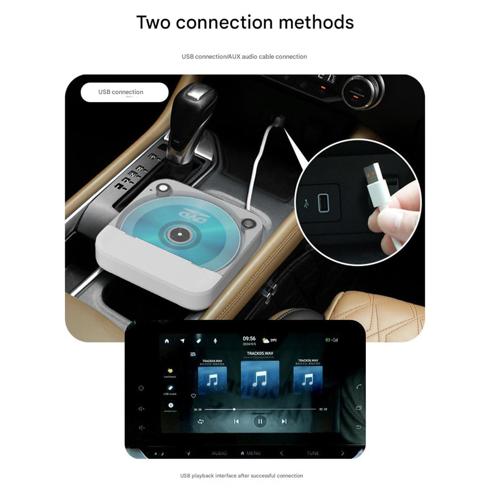 Reproductor de discos externo para coche, conectividad USB Auxs, instalación Plug and Play, carcasa duradera para reproducciones claras, reproductor externo de coche, entrada de puerto USB