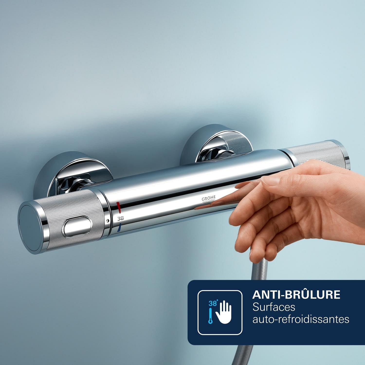 GROHE Mitigeur thermostatique douche Precision Feel, montage mural, indicateur de température, filtres intégrés, poignées métalliques, rosaces incluses, chromé, 34788000 (Import Allemagne)