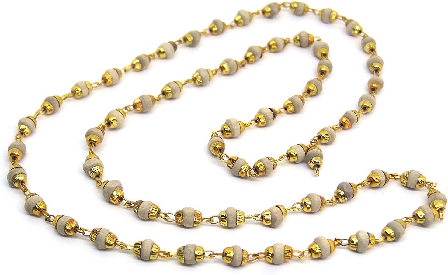 Natural White Tulsi Mala In Gold Polished Caps Tulsi Necklace in Metal Chain for men & women
