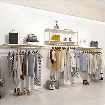 LXHELIVERY Wall Mounted Clothing Display Rack With Shelves - Gold Metal Garment Hanging Rod Organizer For Retail Boutique Men & Women Clothing StoreWhite+gold-a,100 cm