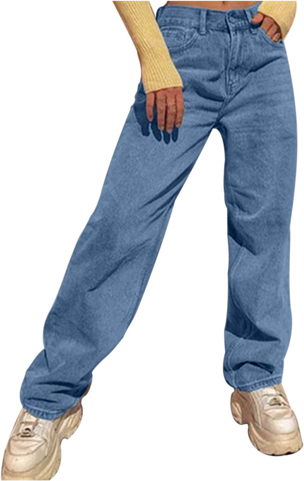 MASZONEHigh Waisted Jeans for Women Y2K Fashion Baggy Denim Pants Loose Wide Leg Straight Jeans Vintage Streetwear Blue