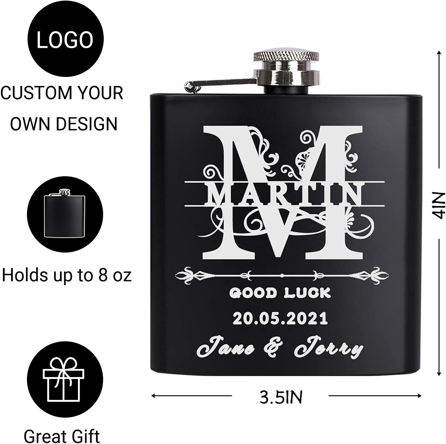 Personalized Custom Flask Engraved for Men Groomsmen Best Man, Black Flask Customized Gift Wedding Favor - 6 to 8 oz, Set of 10