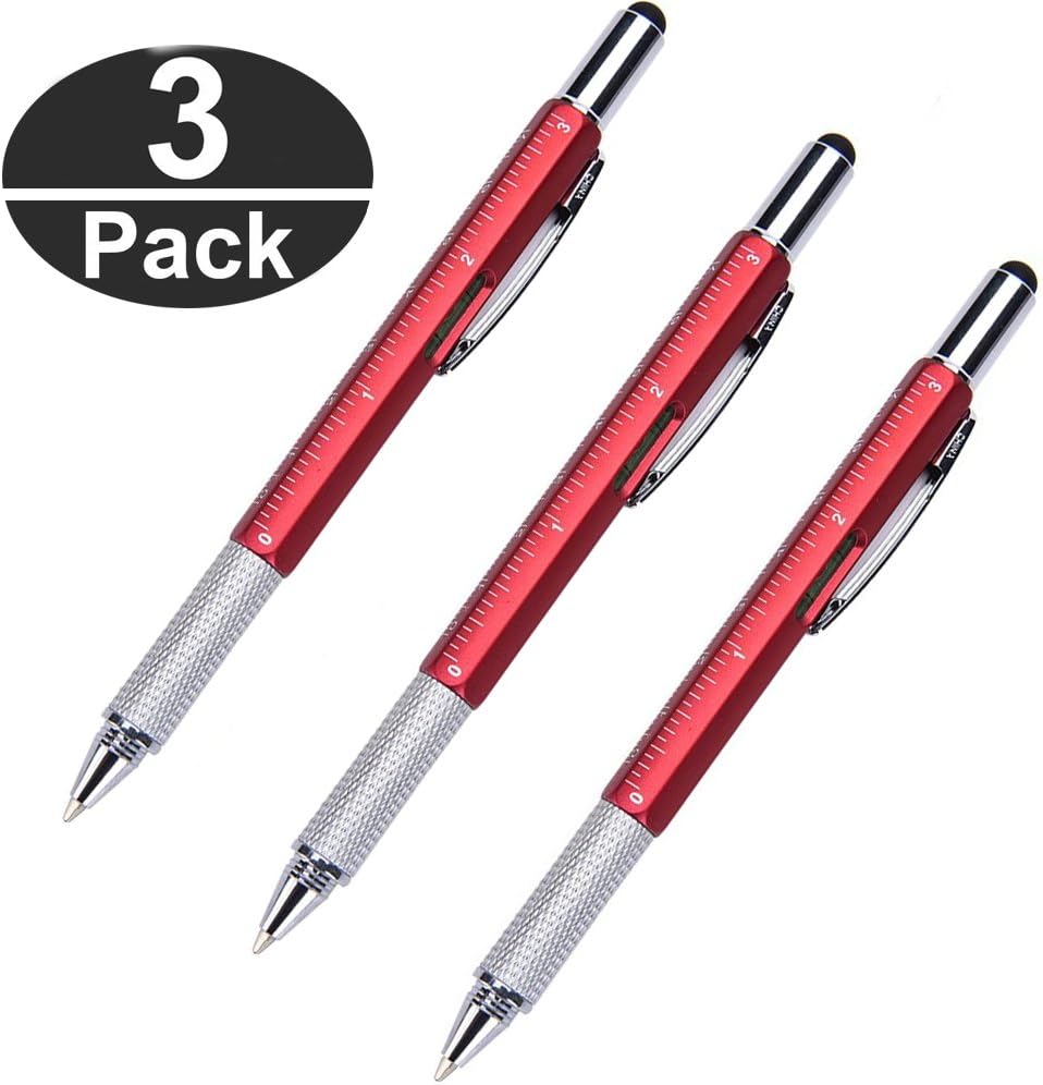 3-Pack 6-in-1 Touch Screen Stylus, Multifunction Tool Pen, 3" Ruler, Ballpoint Pen, Flathead/Phillips Screwdriver, Level Gauge, Combo DIY Tool Kit