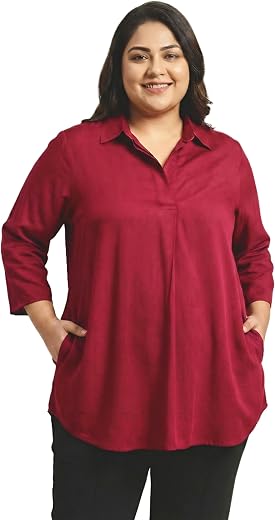Angoori Fashion Women’s Plus Size Solid Rayon Tunic Side Pockets Regular Fit 3/4 Sleeves Collared Shirt Style Casual Offic...