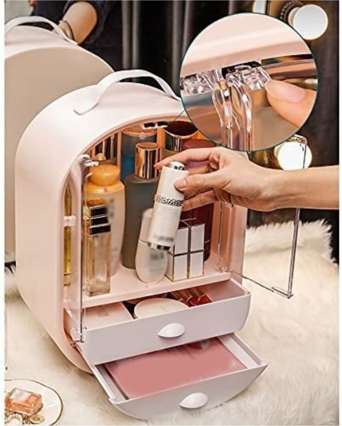 Organizer Trucchi Portatrucchi Scatola Portaoggetti Cosmetica in Plastica Multifunzione Portaoggetti Portatile per Cosmetici Espositore per Trucchi Porta Trucchi Organizer Bagno(Pink)