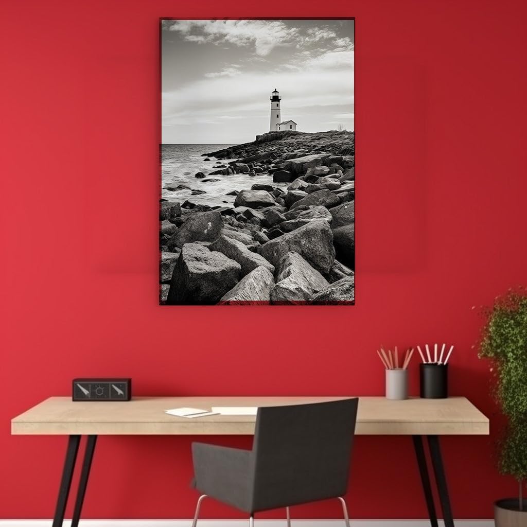 Canvas for Living room. Lighthouse Serenity - A Study in Contrast Amidst Sea and Stone, 27 x 18 inch Canvas Wall Art - Contemporary Masterpieces - Modern Home Decor