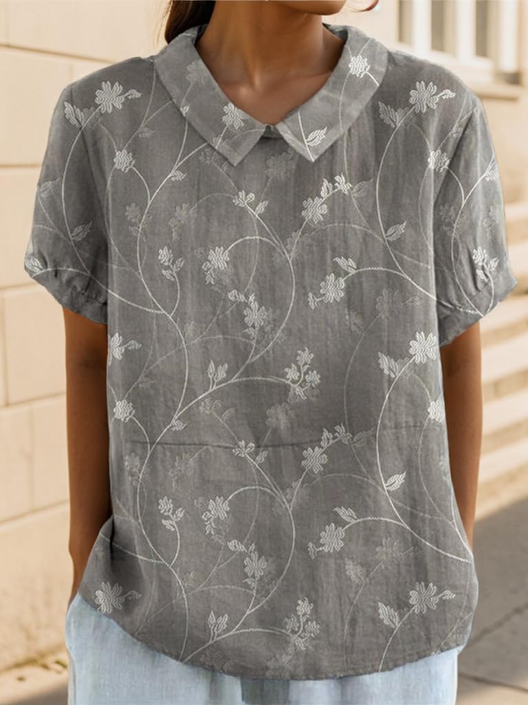 Women's Boho Floral Cotton Linen Short Sleeve Shirt Top Summer Dressy Casual Cute Lapel Loose Comfy Blouses - Image 2