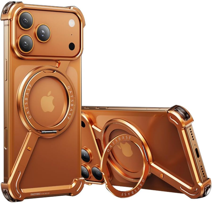 Omio for iPhone 17 Pro Max Bumper Case Compatible with MagSafe, Magnetic Kickstand Slim Aluminum Metal Frameless Borderless Minimalist Design Z Case Shockproof Stand Cover for Men, Orange