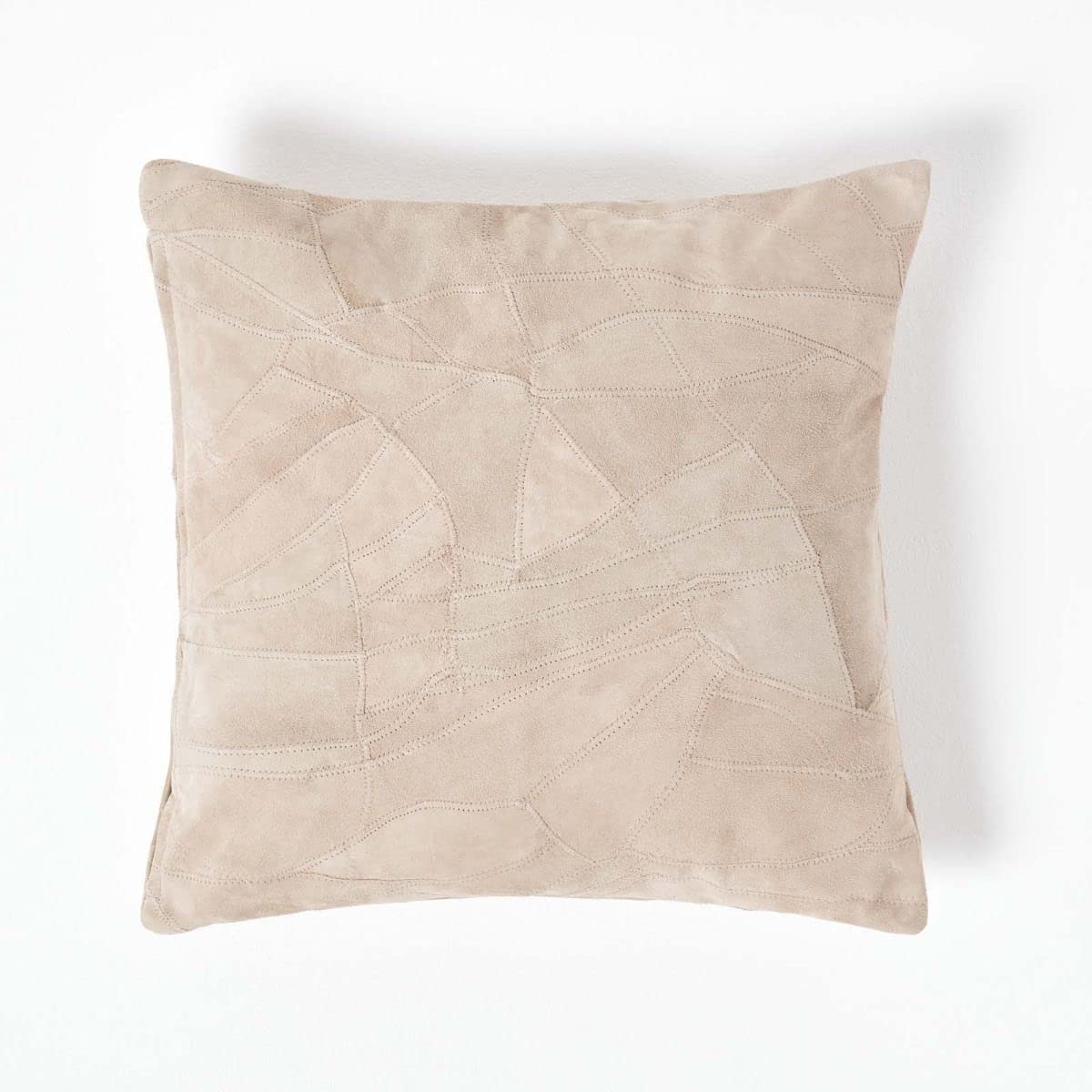 Homescapes Cream Real Leather Cushion With Feather Insert 45 X 45 Cm Square - 18 X 18 Inches - Recycled Leather Suede Sofa With Patchwork Pattern