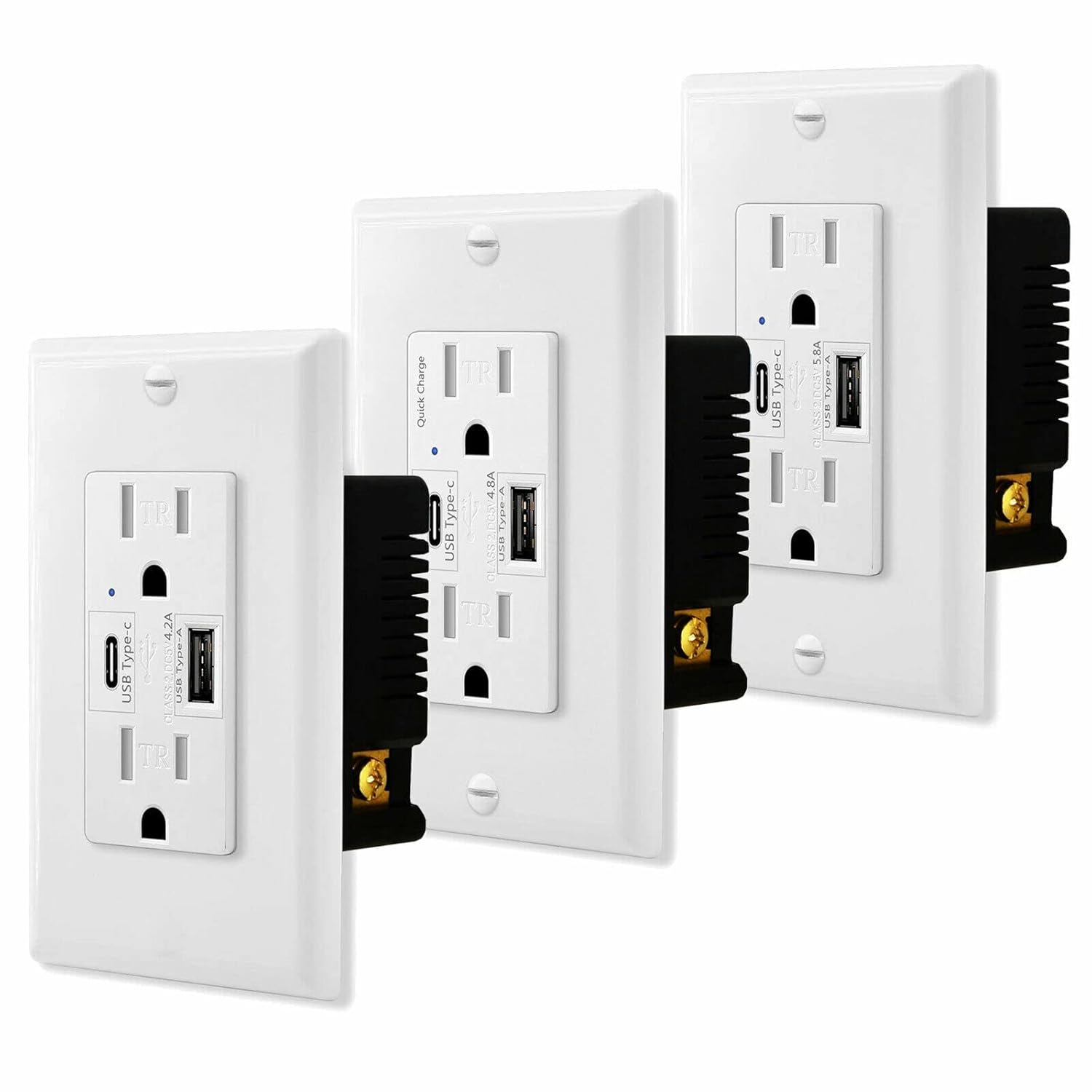 USUPERINK Type C USB Receptacle Outlet Wall 4.8A Quick Charging Tamper Resistant 15 Amp White, UL Listed, 3 Pack
