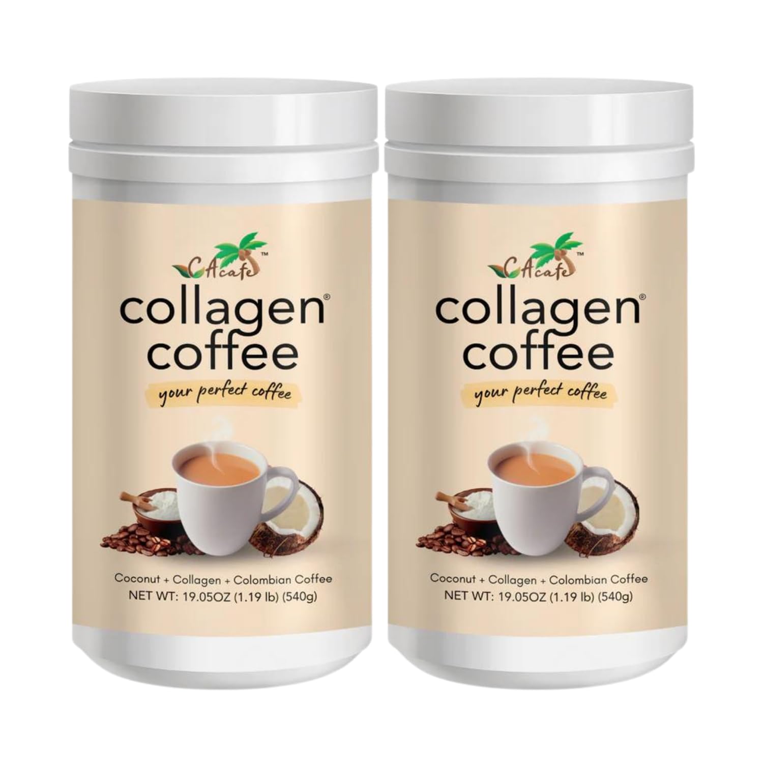 CAcafe Collagen Coffee | Coconut Infused Colombian Blend Coffee with Anti-Aging Collagen | Antioxidants & Natural Energy | 2 Pack