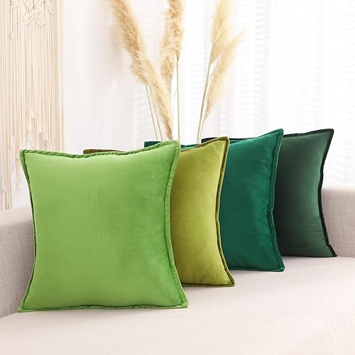 Juego de 4 fundas de almohada de terciopelo verde de 18 x 18 pulgadas, color verde oliva, verde oscuro, almohadas decorativas suaves para decoración
