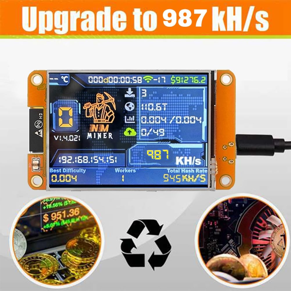 Minero de Bitcoin, Criptomonedas y Lotería NerdMiner NMMiner Mejorado, 987KH/S, Alta Velocidad, Pantalla Inteligente de 2.8 Pulgada