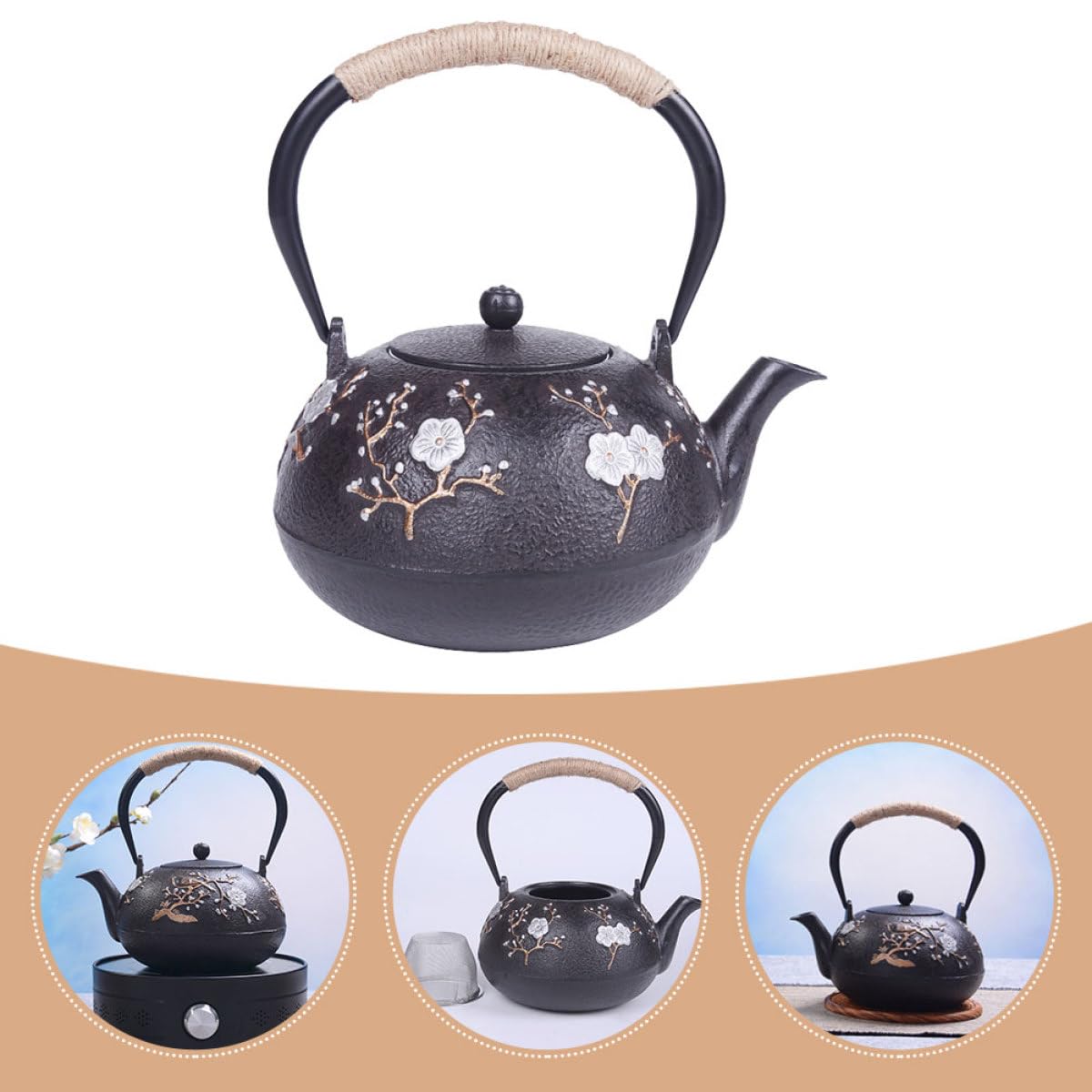 DOITOOL Tetera de Hierro Fundido Tetsubin Infusor y Mango Anticalor Té para Casa Oficina y Picnic Decoración Salón de Té 1.2l