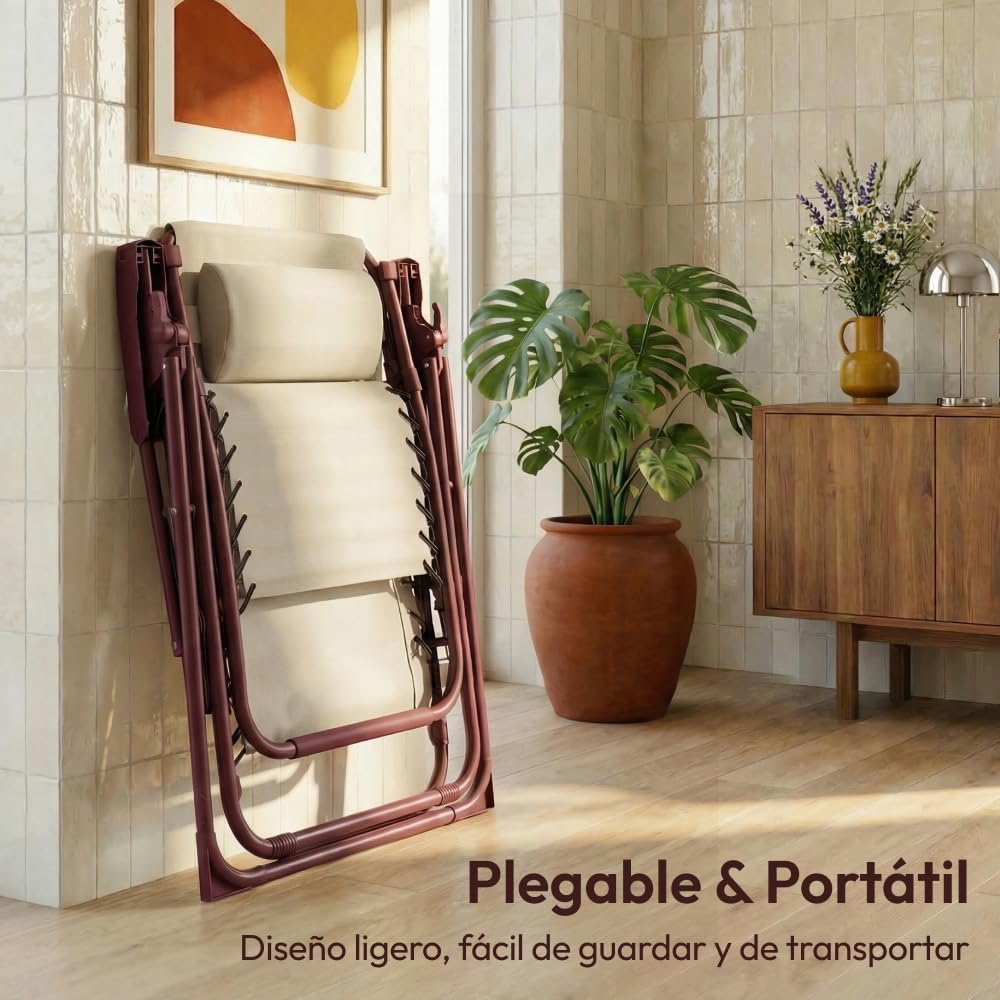 CASABEL Silla Plegable de Gravedad Cero, Terracota | Reclinable, posición de gravedad cero, confort óptimo, textilene transpirable, acero anticorrosión, cojín repelente al agua
