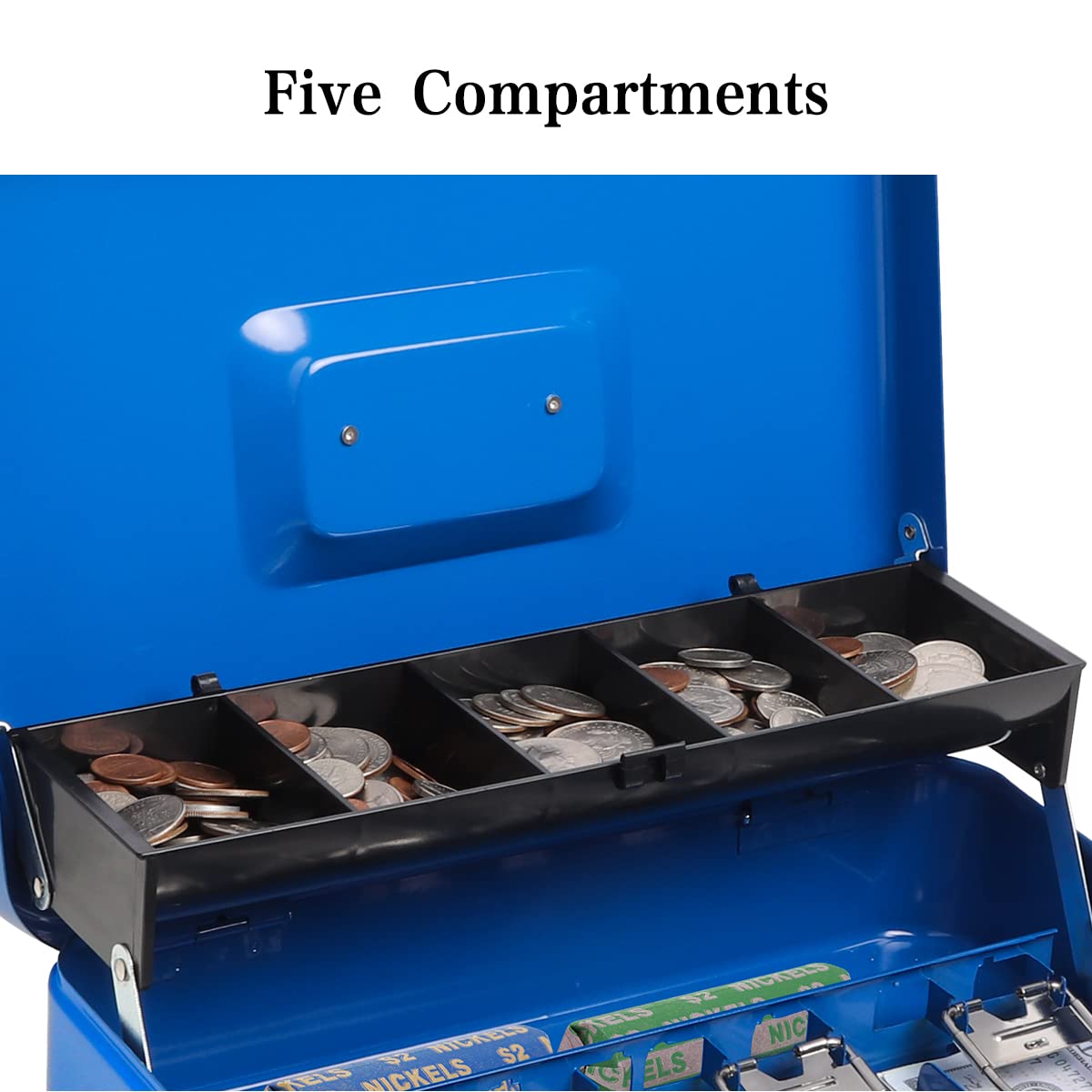 Caisse à monnaie en métal durable avec serrure à clé, avec bac à billets, boîte de rangement sécurisée avec câble de sécurité, bleu
