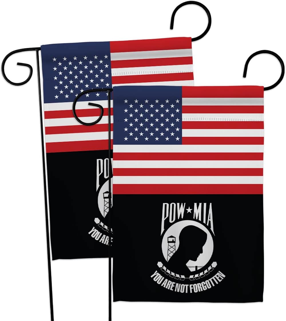 US POW MIA Garden Flags 2pcs Pack Armed Forces Vietnam WarUnited State American Military Veteran Official Small Decorative Gift Yard House Banner Double-Sided Made In USA 13 X 18.5