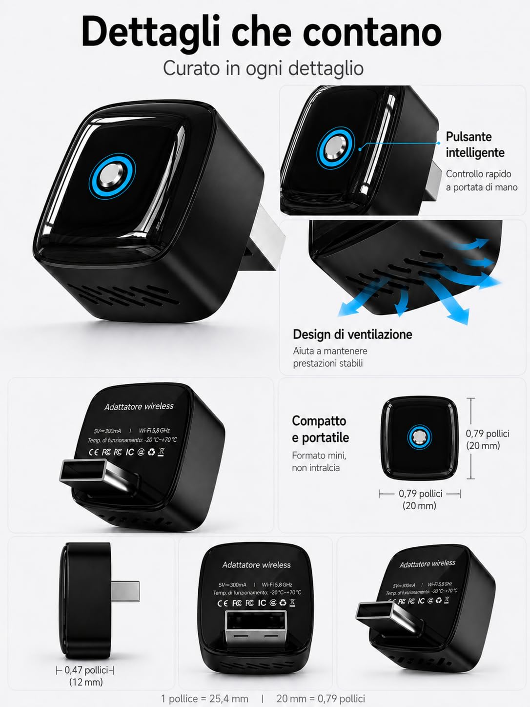 Adattatore Wireless CarPlay e Android Auto 2 in 1, Dongle Nero Ultra Mini con Pulsante Interruttore per 2 Dispositivi, WiFi 5,8 GHz, Plug & Play, USB-A/USB-C, OTA per Auto con CarPlay/Android Auto