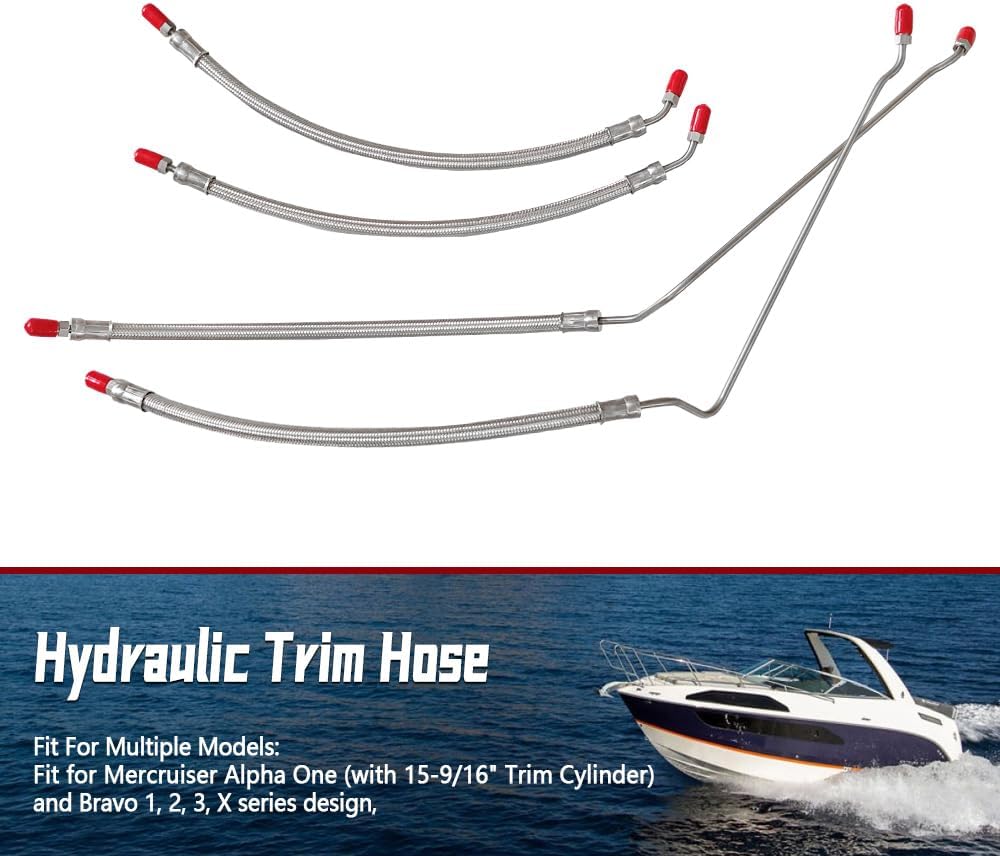 32-864589 32-864588 Hydraulic Ram Cylinder Hose Kit Compatible with Mercruiser Alpha One with Trim Cylinder(15-9/16") & Bravo 1 2 3 X, Trim Tilt Hydraulic Hose Replace 32-99904Q, Pack of 4