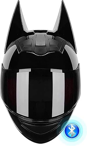 Casco de motocicleta personalizado de cara completa con Bluetooth para gatos, orejas de murciélago, casco de locomotora negro fresco para adultos y