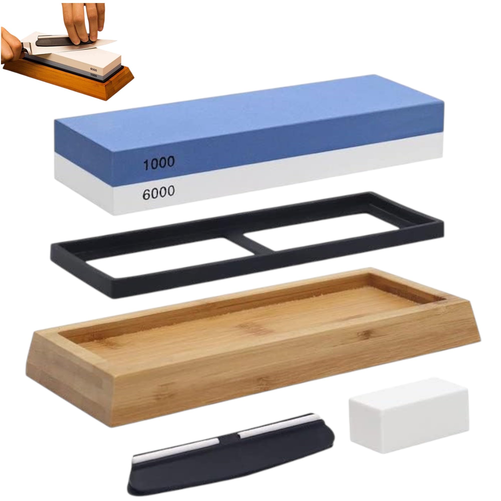 THW® Whetstone Knife Sharpening Kit 1000/6000 Grit | Dual-Sided Waterstone with Bamboo Base, Angle Guide & Flattening Stone | Ideal for Chef & Pocket Knives, Precise Sharpening