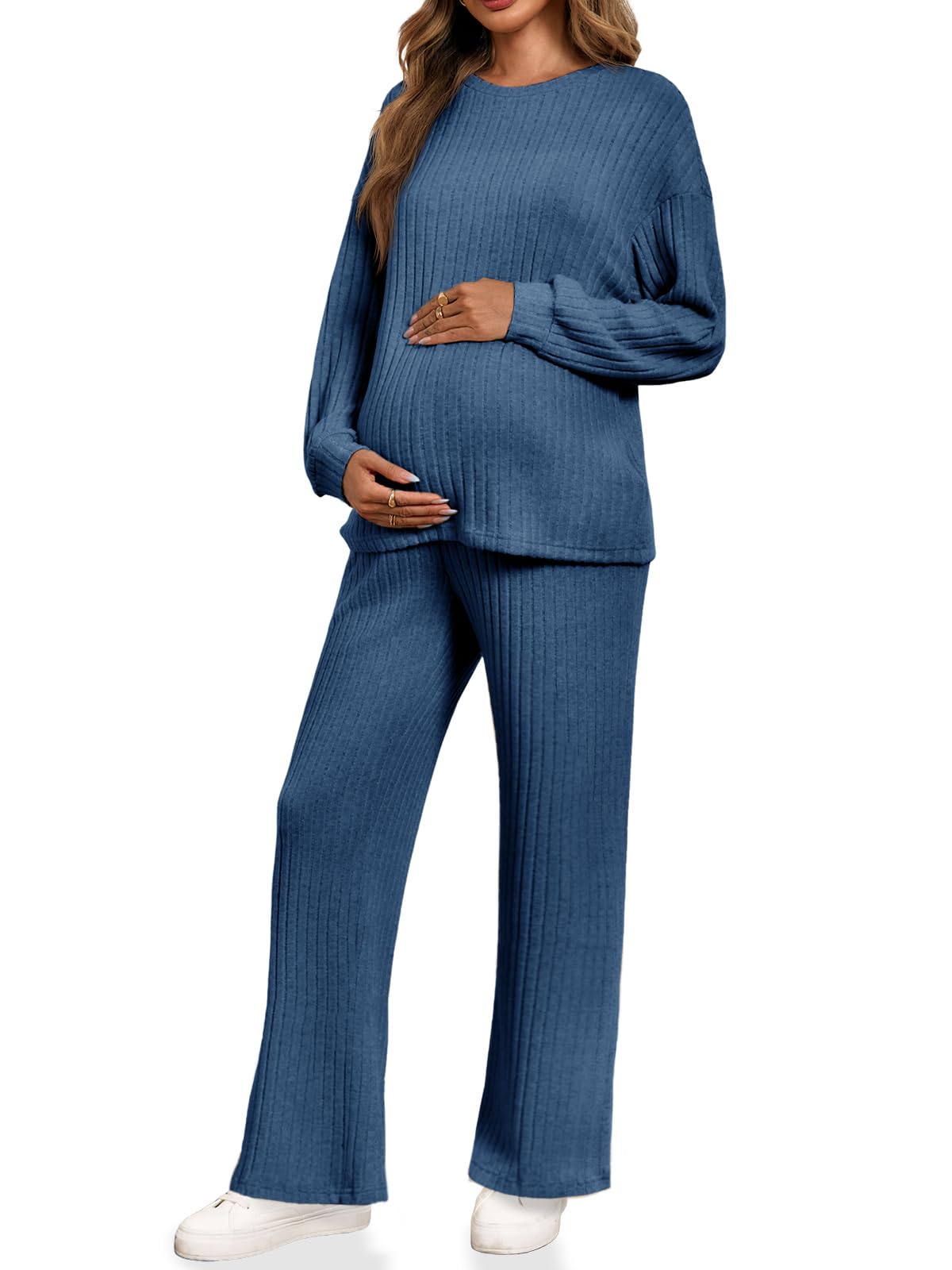 Yousify Womens Maternity Pajamas Sets 2 Piece Outfits Ribbed Knit Lounge Set