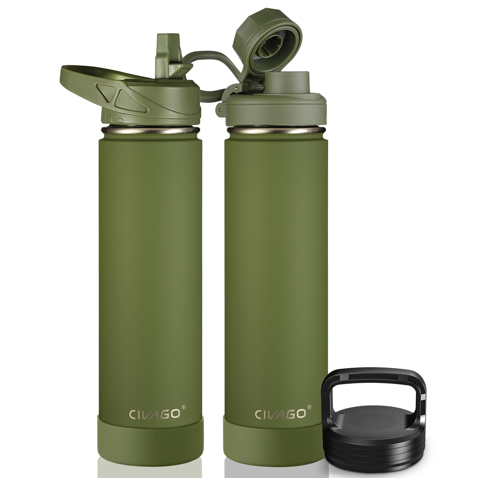 CIVAGO 24 oz Insulated Stainless Steel Water Bottle With Straw and 3 Lids | Large Metal Sports Water Jug Leakproof Reusable Wide Mouth Thermal Flask Cup with Silicone Boot, BPA-Free, Army Green