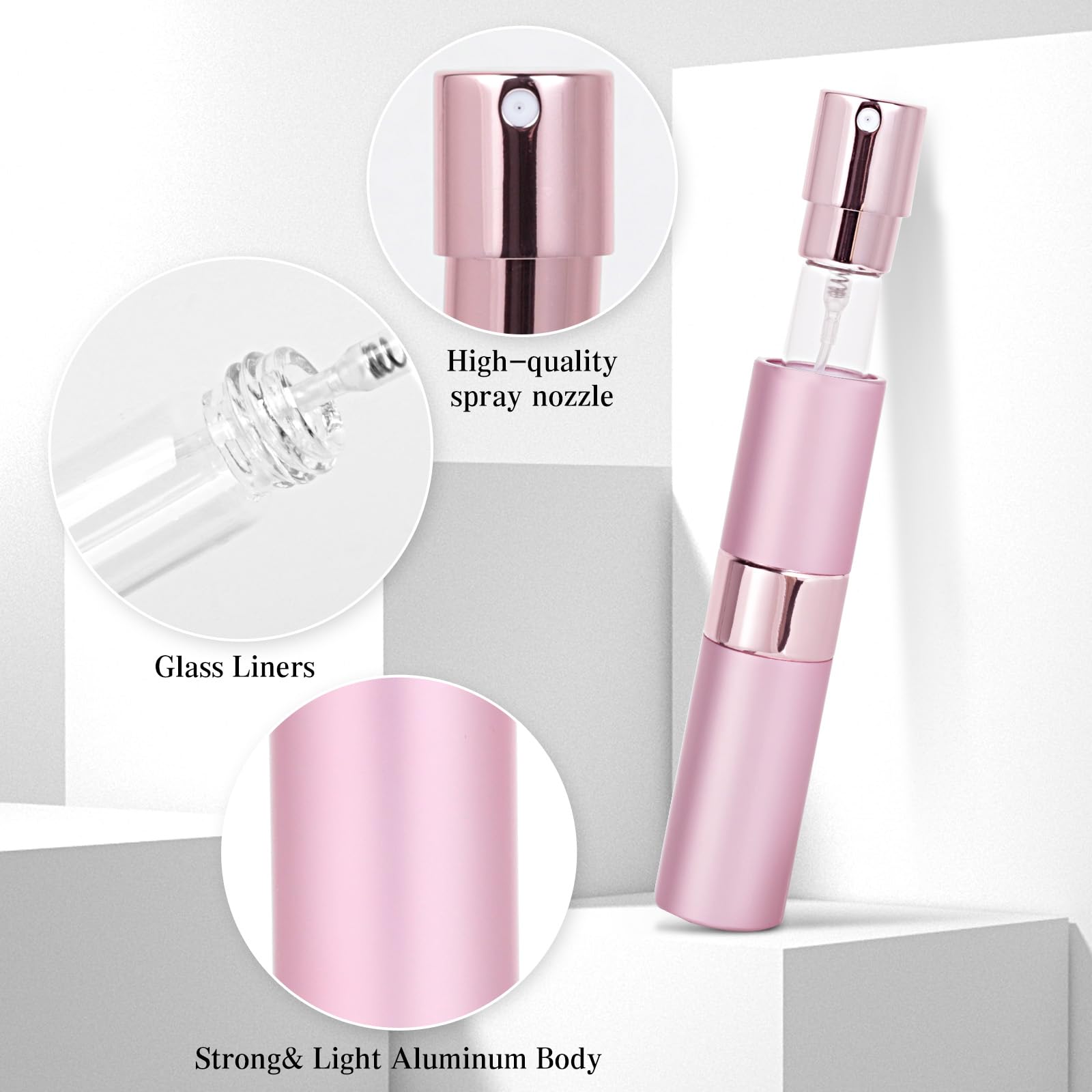 AiQInu porta profumo da viaggio, 3 pezzi 8ml Mini bottiglie spray portaprofumo da viaggio ricaricabile con dispenser per i viaggi e le uscite (rosa + argento + nero)