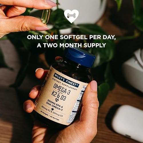Miniatura 3 de Wiley's Finest Wild Alaskan Fish Oil Vitamina K2 Softgels - 500 mg de Omega-3 EPA y DHA para apoyo a la salud ósea y cardíaca - 60 cápsulas blandas