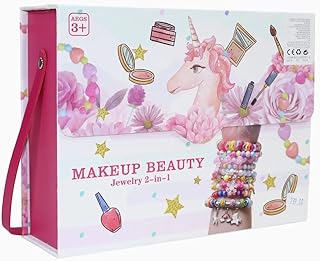 مجموعة مجوهرات مكياج يونيكورن للبنات، صندوق 2 في 1 بتصميم قلعة، وردي