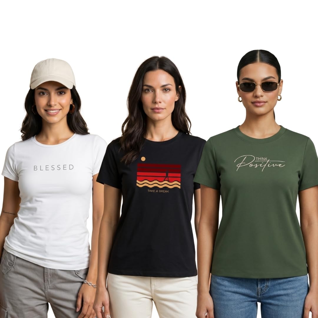 nobero Women's Graphic Printed Regular Fit Cotton T-Shirt | Casual Tees for Women (Pack of 3)-picture-15