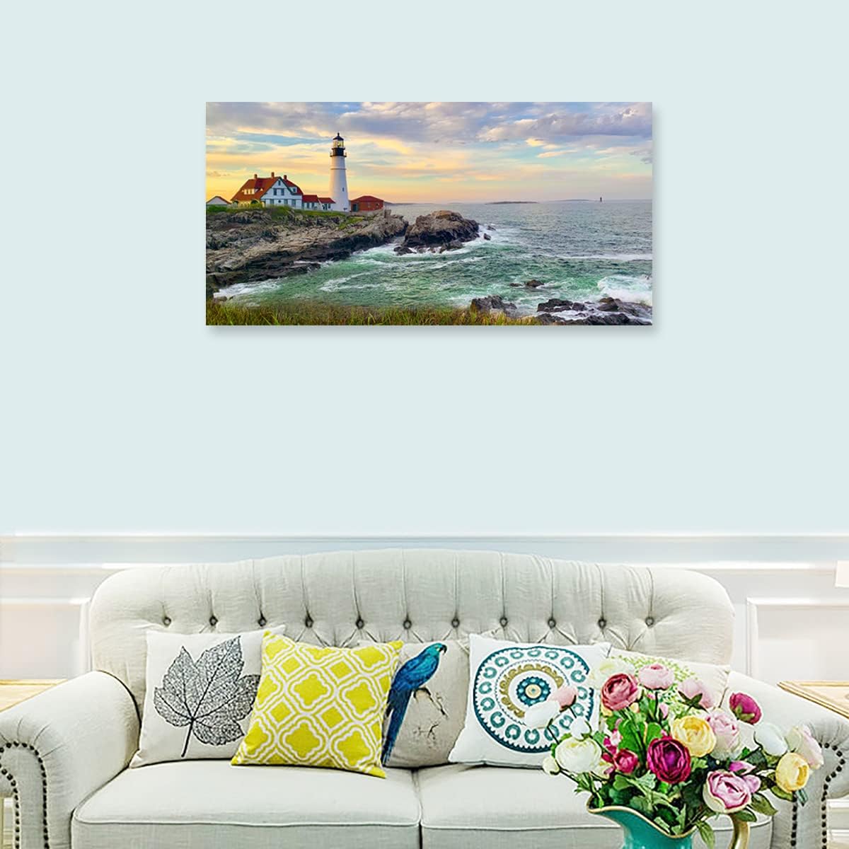 Aefouu No Frame Sunset Lighthouse Canvas Wall Art For Living Room Ocean Canvas Pictures Seascape Artwork Canvas Prints Office Wall Decor(70X140cm/28X55in/Frameless)