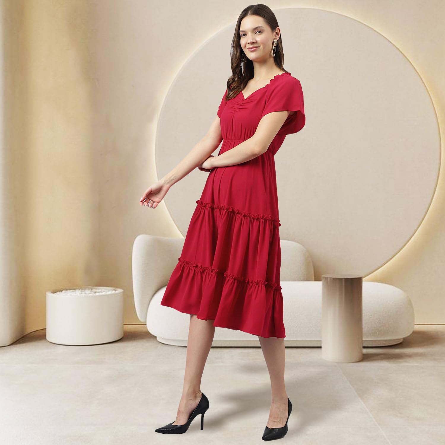 Toochki Women's Red Rayon Solid Tiered Western Dress | Dress For Women | A Line | Anarkali Dress | Gown Dress | Western Dress | Exclusive Women Dress | Bollywood Dress | Fashion (Small, Red)