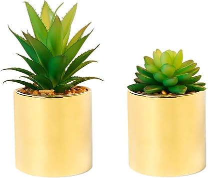 Faux Succulent Artificial Plants 7 & 5 in Pots Home Decoration Set of 2 Gold Pots