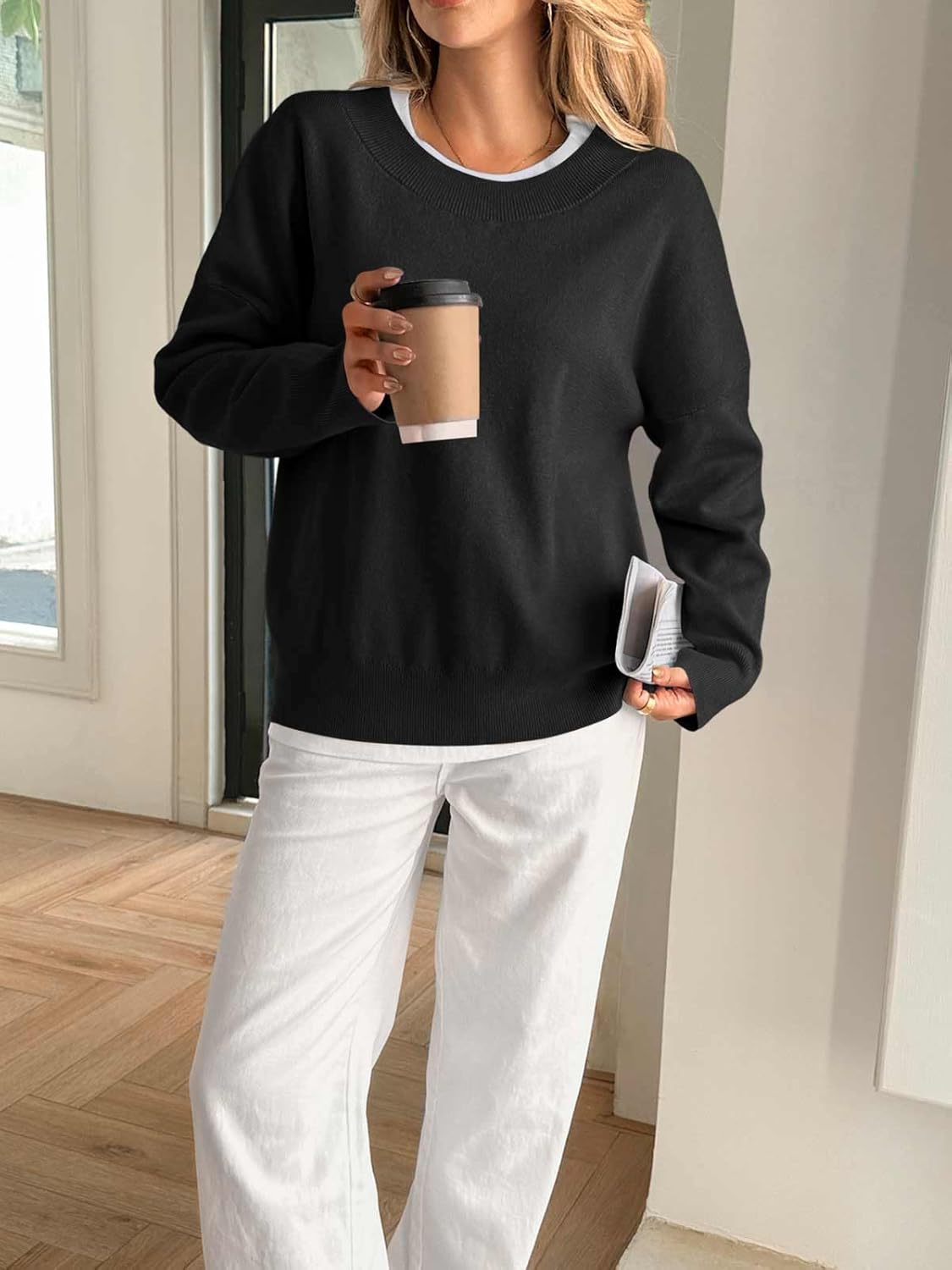 Yousify Womens Crewneck Knit Sweaters Casual Long Sleeve Loose Fit Fall Basic Soft Pullover Jumper Tops - Image 4