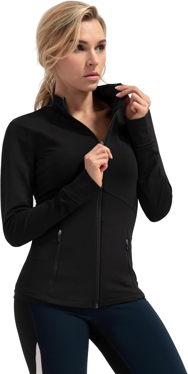 QUEENIEKE Chaquetas de entrenamiento ajustadas para mujer: chaqueta deportiva con cremallera, malla con bloques de color y orificios para los pulgares