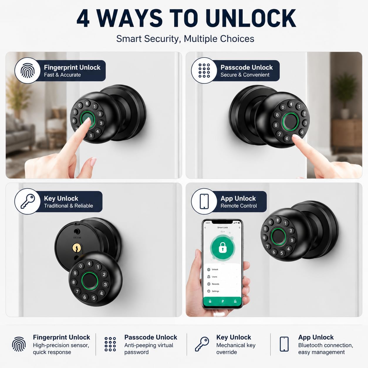 Türknauf Mit Fingerabdruck-Scanner, 4-in-1 Smart-Türschloss,Für Holztüren