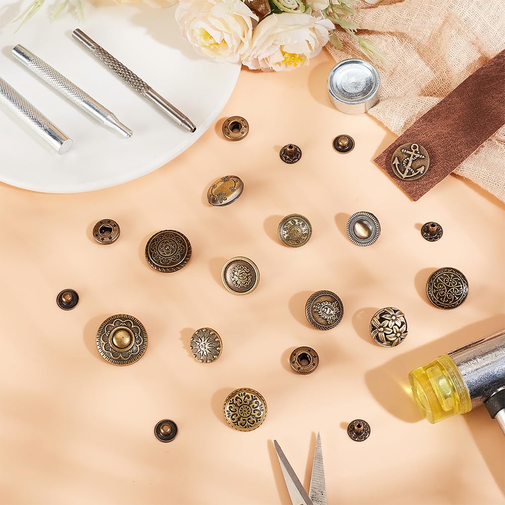 AHANDMAKER Juego de 36 Botones Clip Presion de Cuero, Broches de 18 mm para Cuero, Botones a Presión de Aleación, Kit de Botones de Presión de Cuero con Herramienta de Perforación para Manualidades