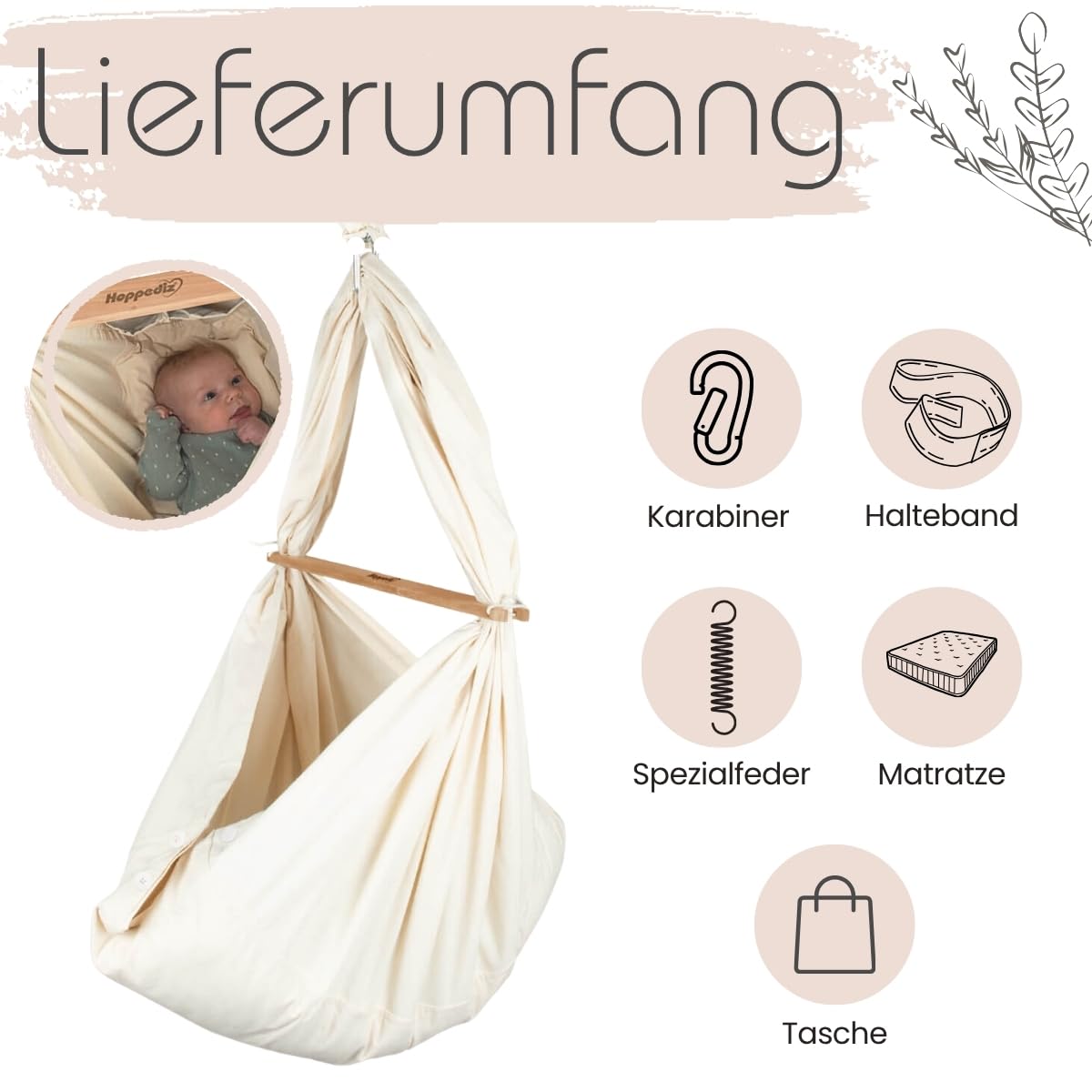Hoppediz Baby Federwiege | Aus Baumwolle mit Schafswoll-Matratze, beruhigendes Wiegen, bis 15 kg
