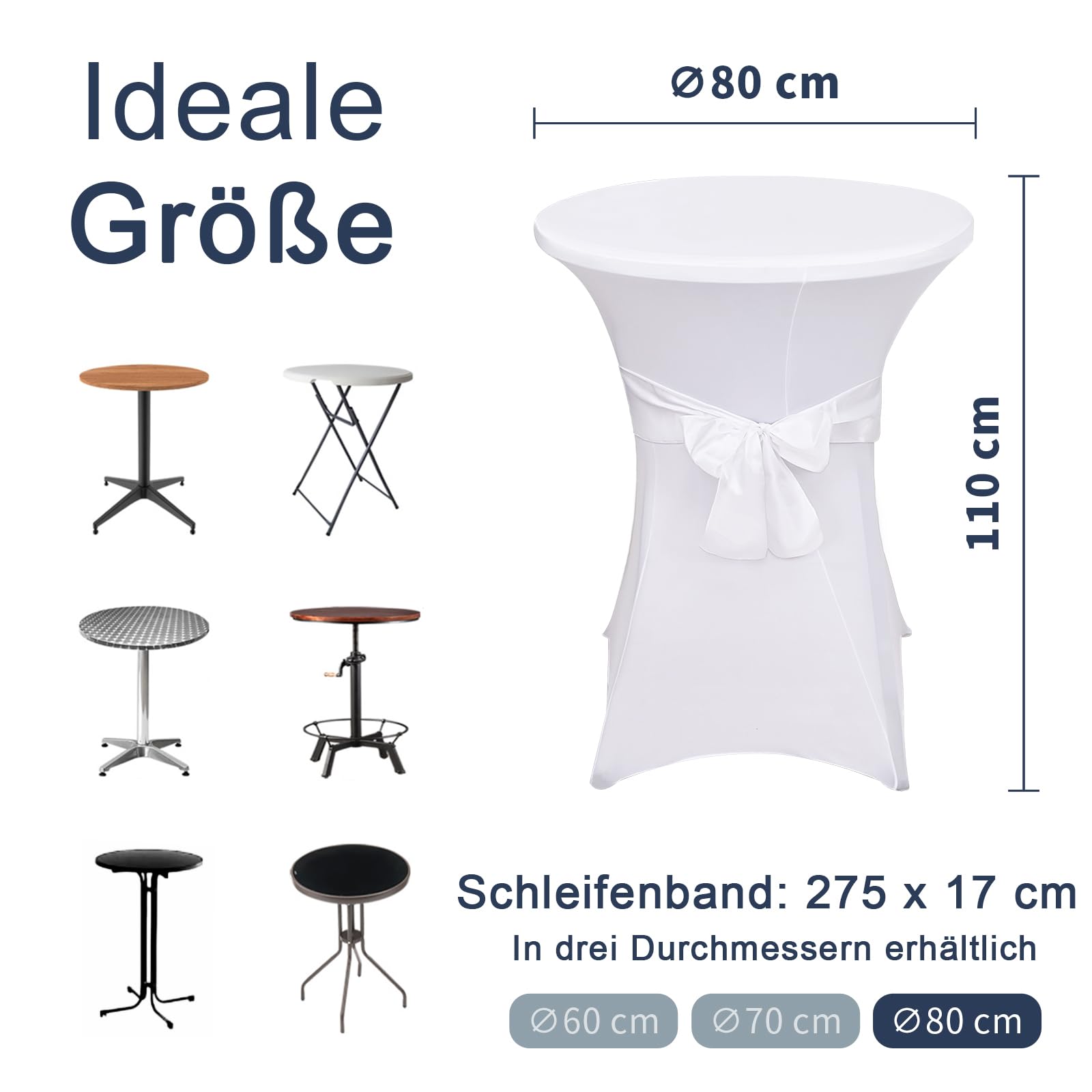 Alishomtll Lot de 3 housses de table haute avec nœud, diamètre 80 cm, extensibles, élégantes housses de table pour table de bistrot, table haute, banquet, mariage (Ø 80 x 110 cm, blanc)