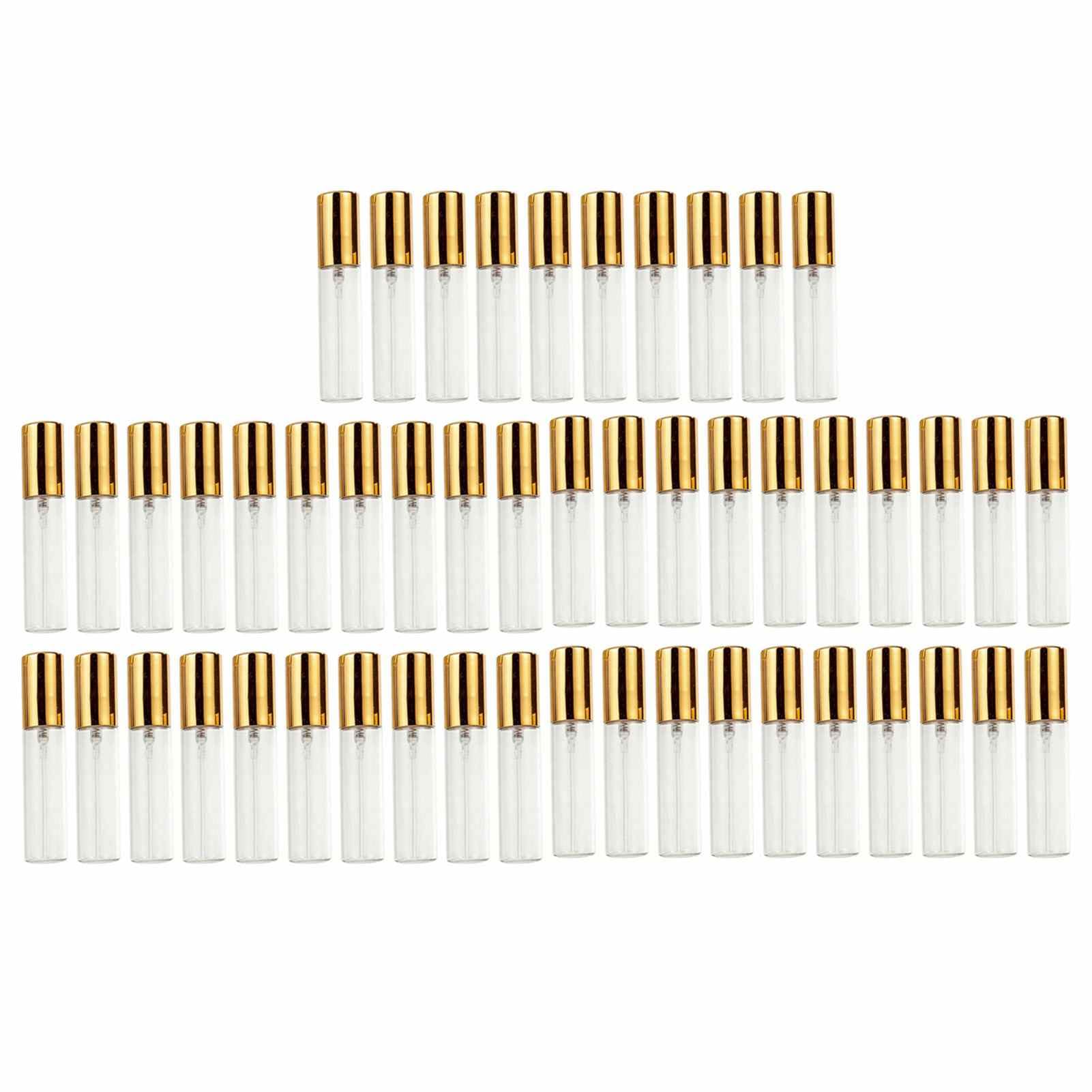 Flaconi spray portatili per profumi, in vetro, da 10 ml, per viaggi, 50 pezzi, erogatori di nebbia fine, mini formato per profumi, oli essenziali, in uscita (oro)