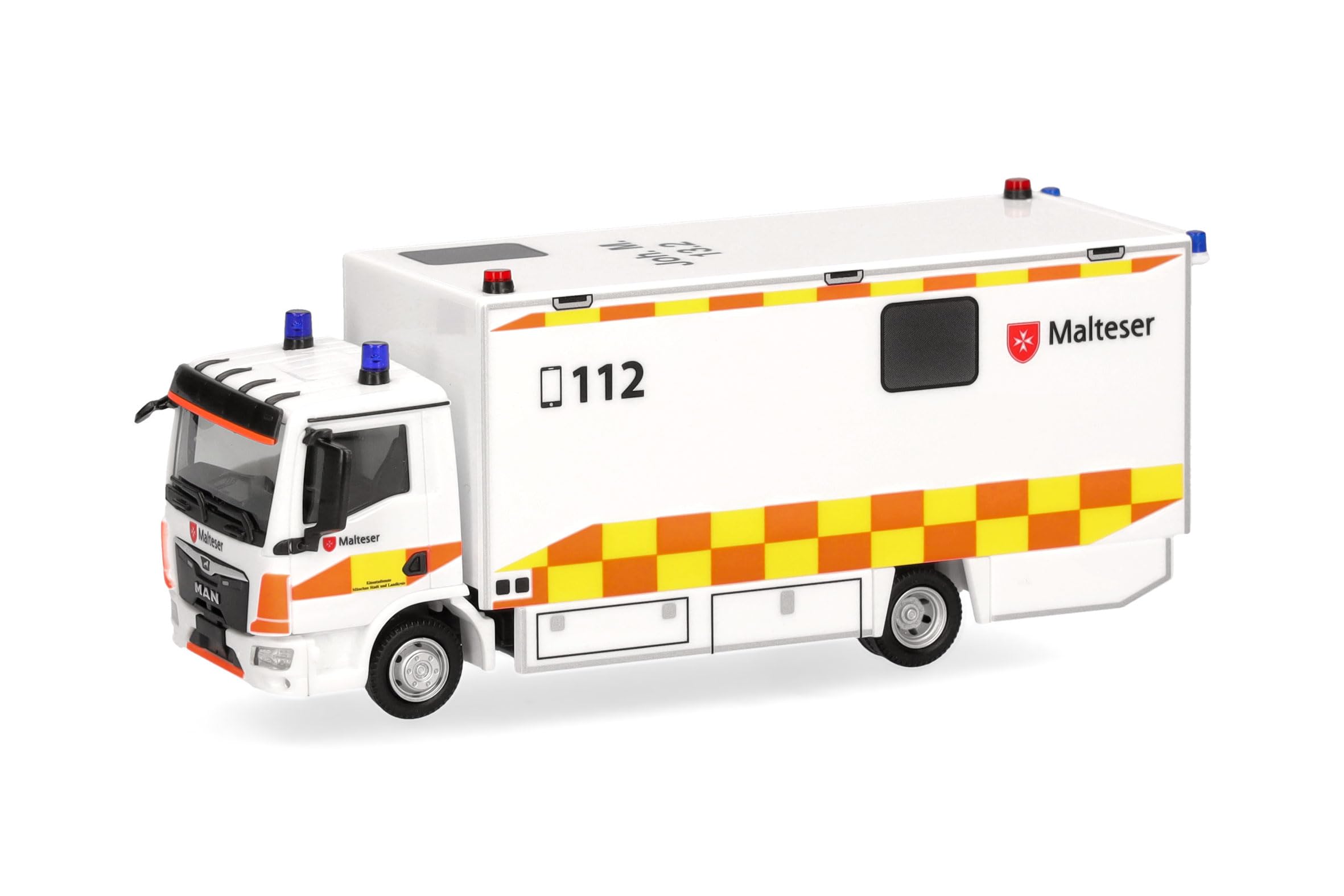 Herpa truck model MAN TGL CC box truck "Malteser Munich", on a scale of 1:87, plastic miniature, made in Germany, model building, collectors edition